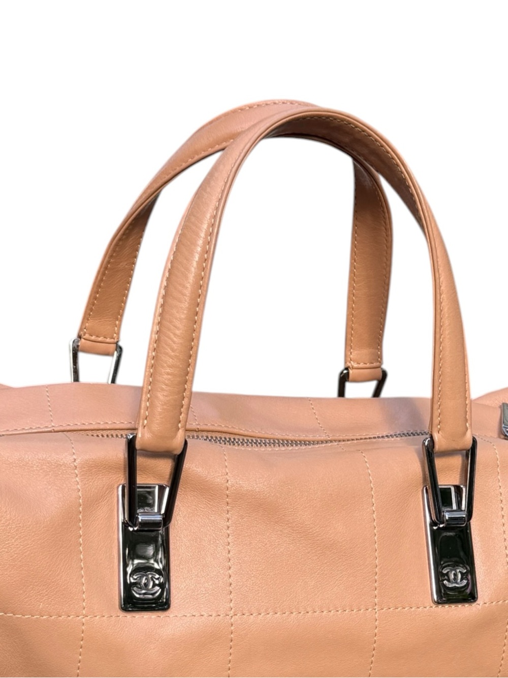 Auth CHANEL Tan Chocolate Bar East West Bag crazy stitch Quilted Leather Satchel - Picture 7 of 17